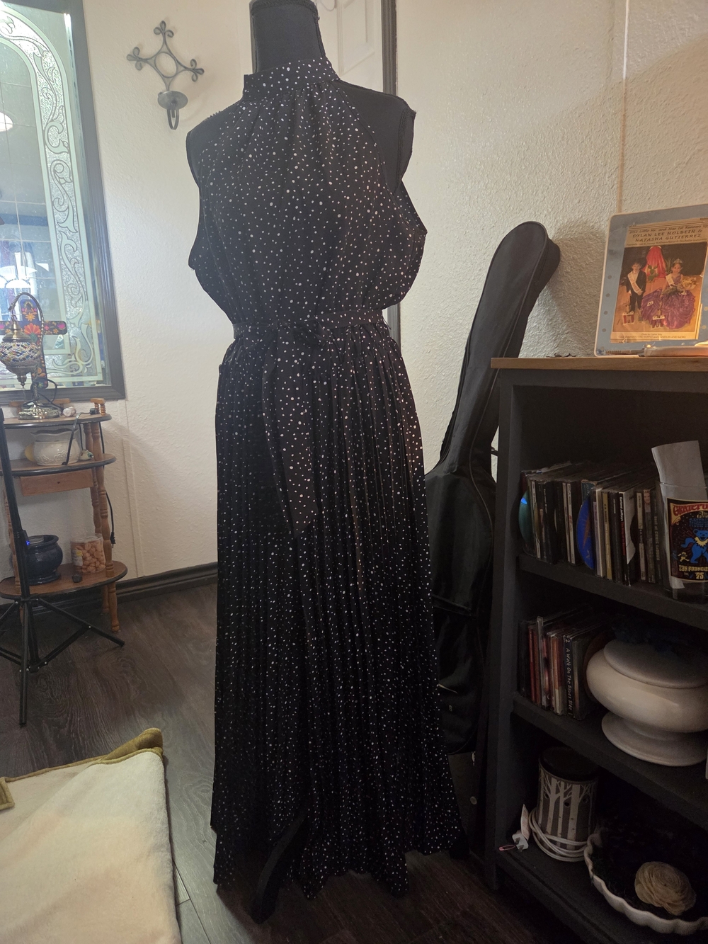 Sleeveless Black Halter Maxi Jumpsuit with White Dot Print